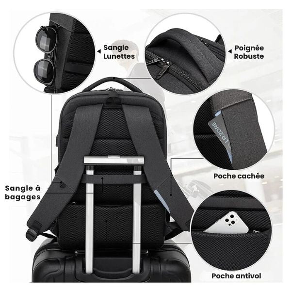 sac a dos de voyage homme - sac de voyage homme - sac a dos ordinateur portable - sac a dos pc portable - sac a dos cabine - sac a dos avion - sac a dos port usb - sac a dos plusieurs compartiment - VoyagerZen -