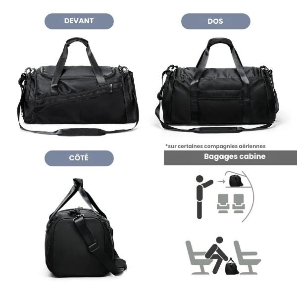 sac de voyage - sac de voyage bandoulière - sac bandoulière - sac de voyage cabine - sac de voyage avion - sac bagages à main - VoyagerZen - sac de voyage homme - sac de voyage bandoulière homme - sac de sport - sac de voyage avec compartiment à chaussures -